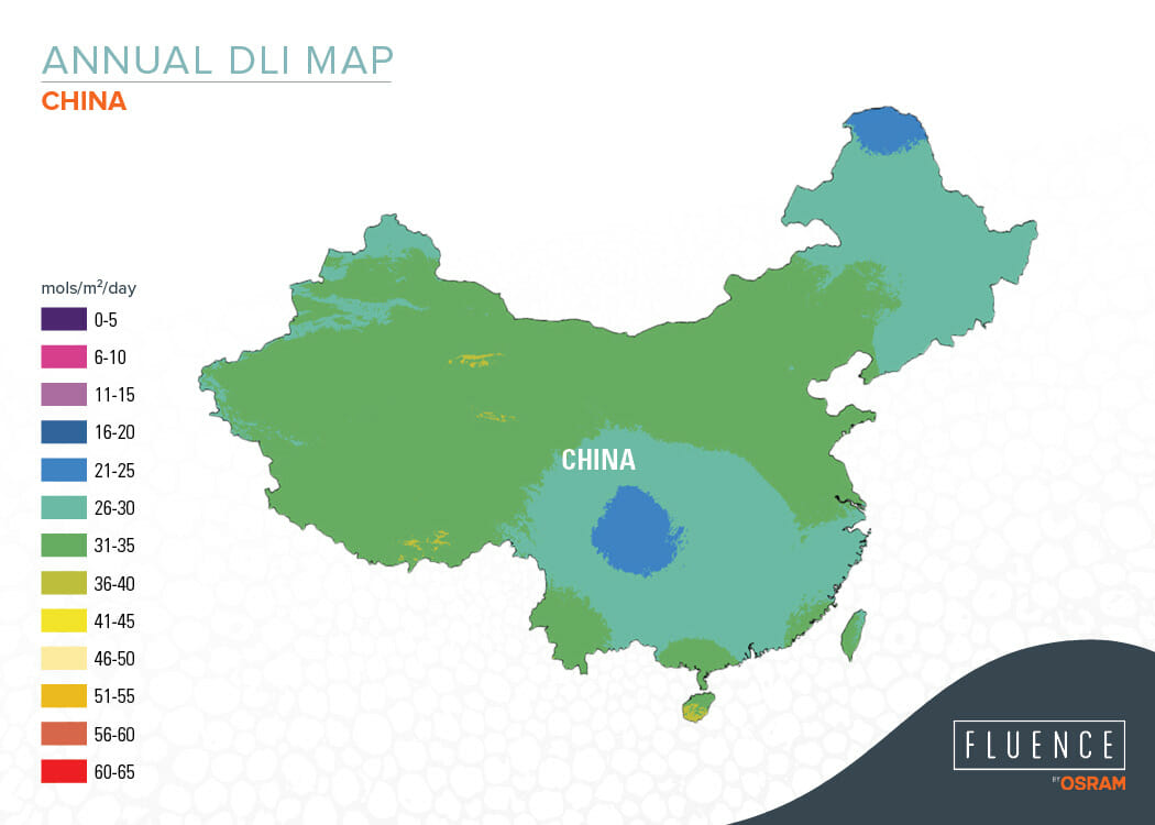 Annual DLI map of China showing light distribution for greenhouse growing