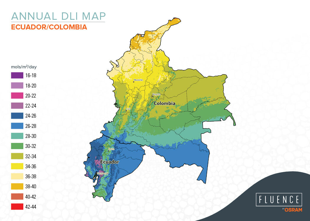 Annual DLI map of Ecuador and Colombia showing light distribution for greenhouse growing