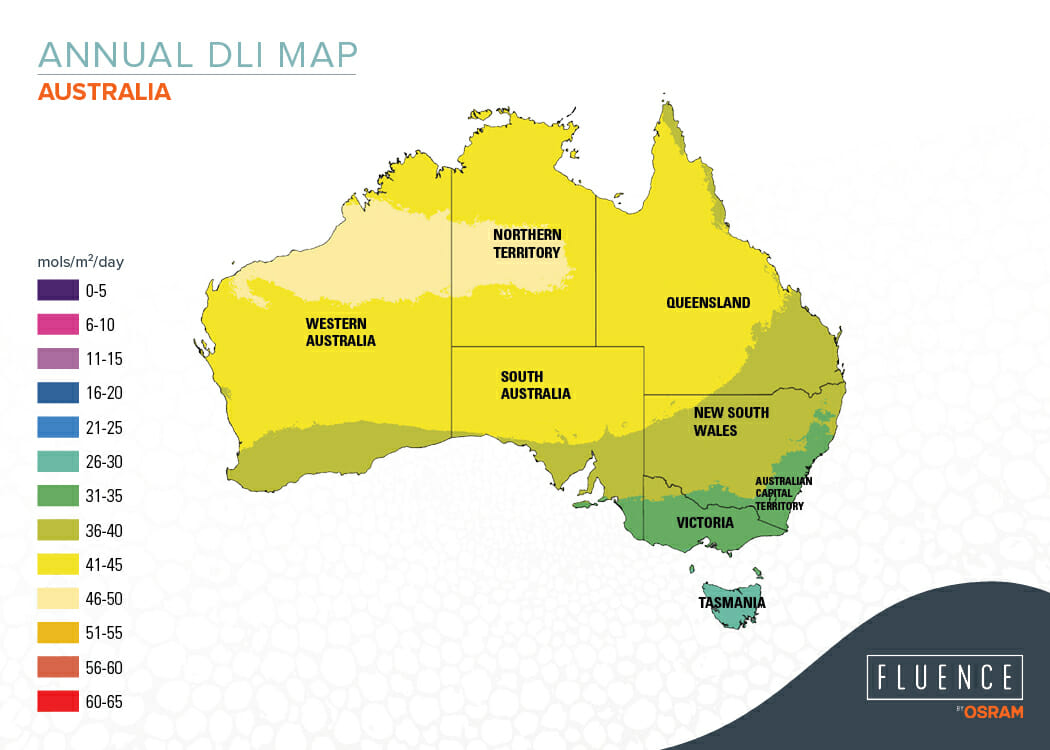 Annual DLI map of Australia showing light distribution for greenhouse growing