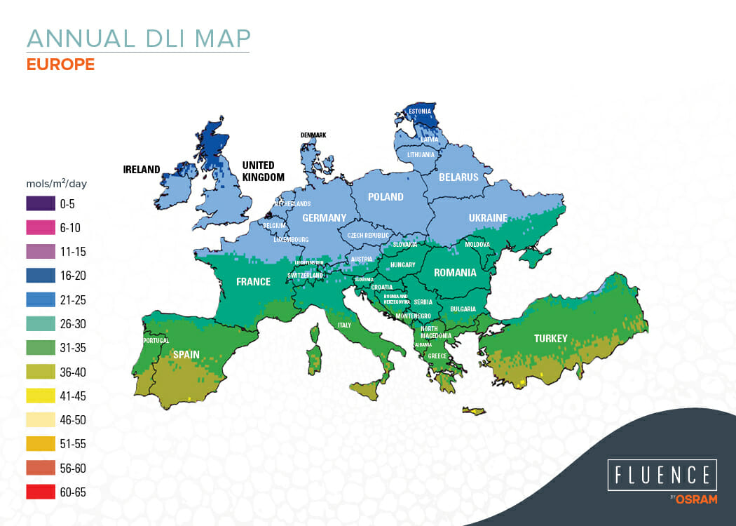 Annual DLI map of Europe showing light distribution for greenhouse growing