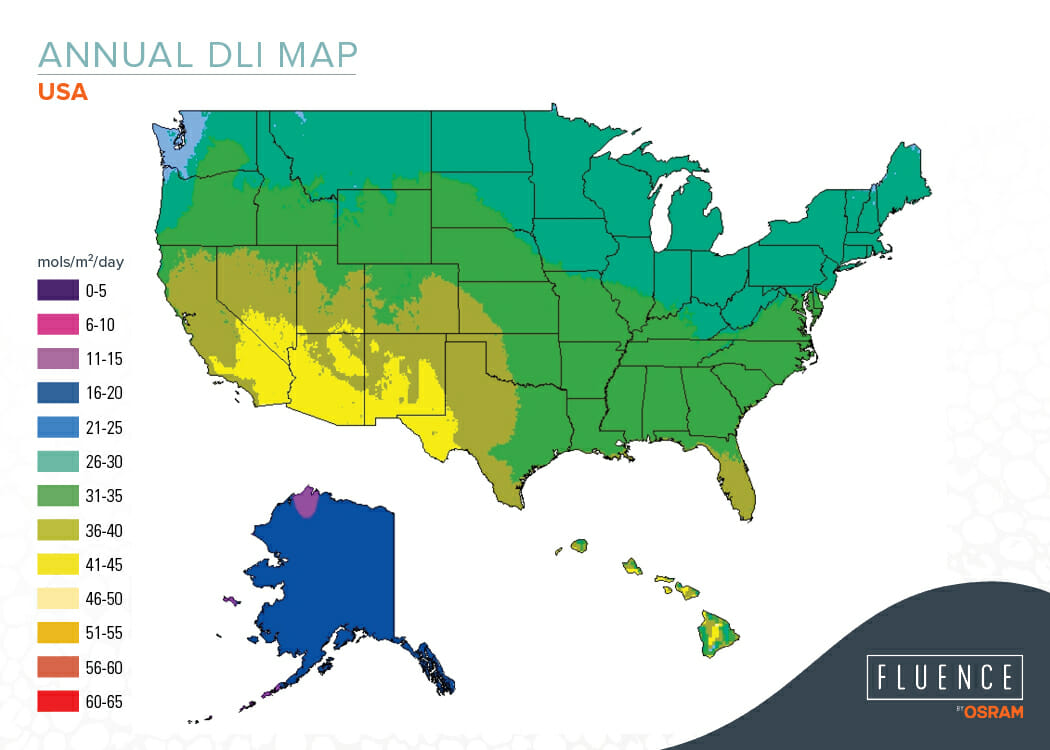 Annual DLI map of the USA showing light distribution for greenhouse growing