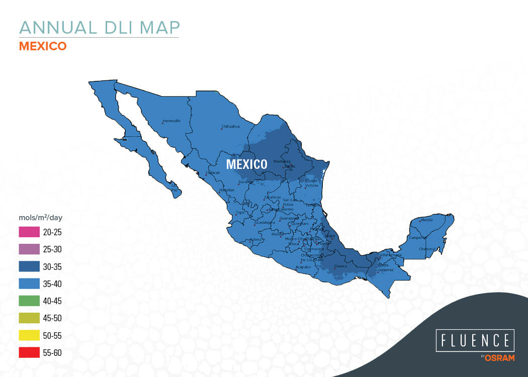 Annual DLI map of Mexico showing light distribution for greenhouse growing