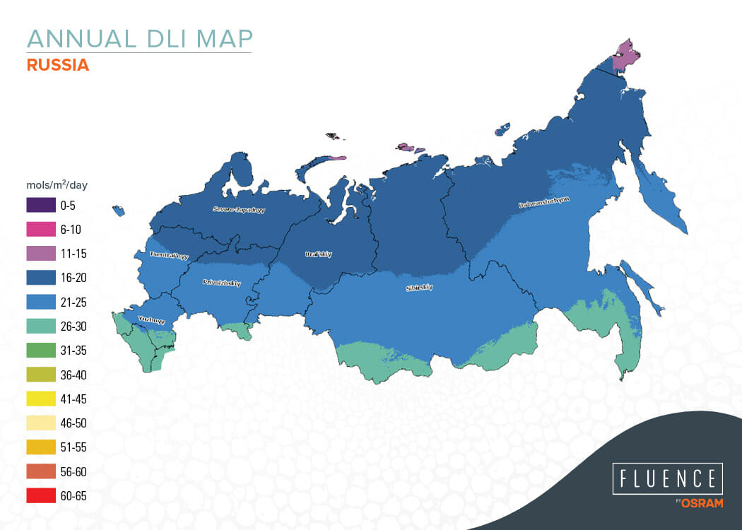 Annual DLI map of Russia showing light distribution for greenhouse growing